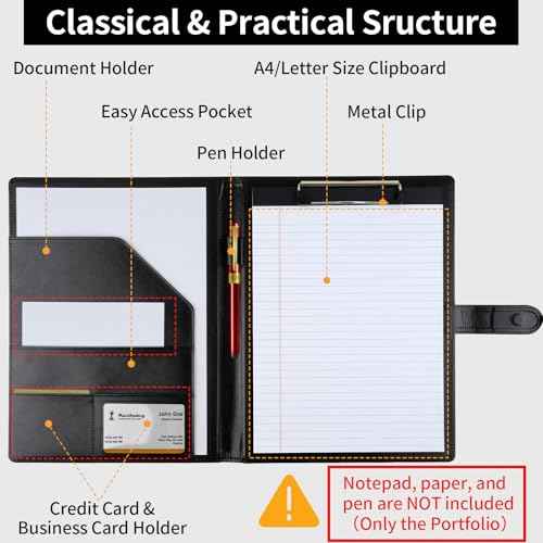 Professional Padfolio with Clipboard, Faux Leather Portfolio Folder Binder, Legal Pad Holder for A4 Letter Size Notepad, Resume, Writing Pad, Ideal Organizer for Business Office Conference, Black