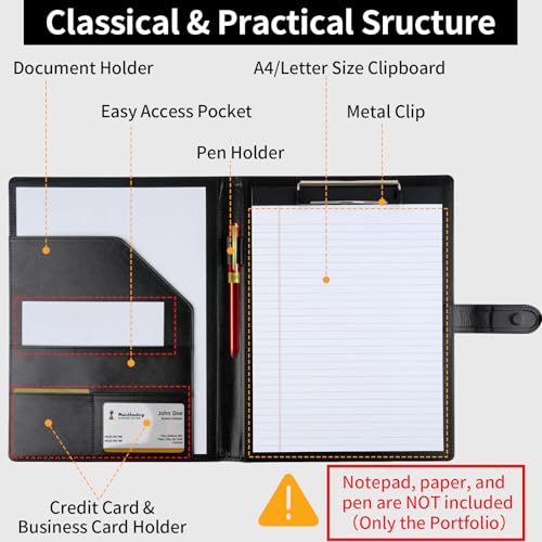 Black Faux Leather Padfolio with Clipboard & Organizer - Professional Portfolio Binder