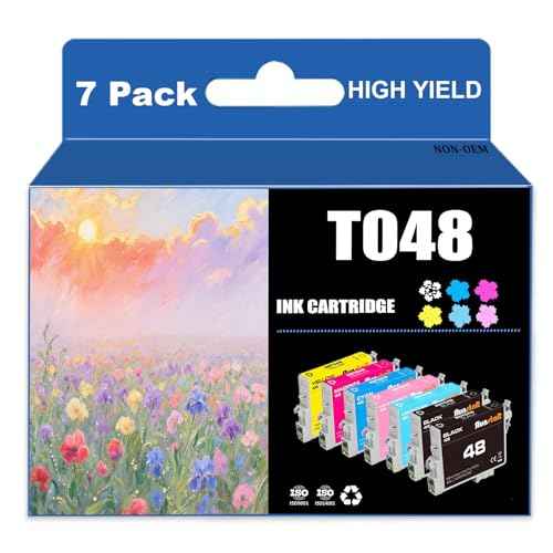 Run Star 7 Pack T048 Remanufactured Ink Cartridge Replacement for Epson 48 T048 use for Epson Stylus Photo R200 R220 R300 R300M R320 R340 RX500 RX600 RX620 Printer (2BK/C/M/Y/LC/LM)