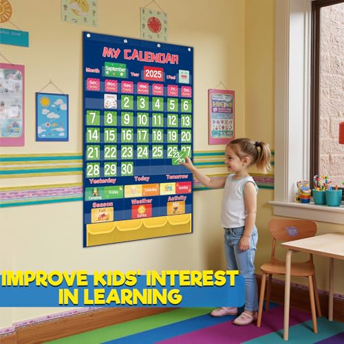 Blue Classroom Calendar Pocket Chart for Elementary with 144 Colorful Cards