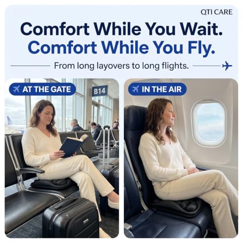 Qticare Air-Cell Travel Cushion XL Black – Inflatable Airplane Seat Pad with Built-in Pump