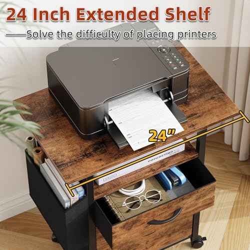 GYIIYUO 2 Drawer File Cabinet with 24'' Extended Desktop, Mobile Filing Cabinet, Rolling File Cabinet with Side Bag, Fabric Drawer, Fits A4/Letter Size, Printer Stand Home Office, Light Brown