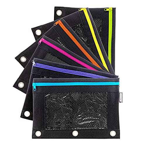 BAZIC Products Pencil Pouch 3 Ring Binder Pouch w/Rivet Enforced Rings Holes, Neon Black Color Mesh Window Zipper Pouches, 24-Pack