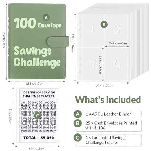 SKYDUE 100 Envelopes Money Savin Challenge Binder, A5 Money Saving Budget Binder with Cash Envelopes - Savings Challenges Book to Save $5,050