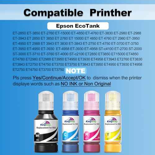 502 Ink Refill Bottles ET-2850 ET-3850 ET-15000 Compatible with Epson 502 ink refill bottles ET-4850 ET 2850 ET 3850 ET 15000 ET 4850 ET2850 ET3850 ET-3843 ET-4760 ET-2760 ET-3830 ET-3750 Printer