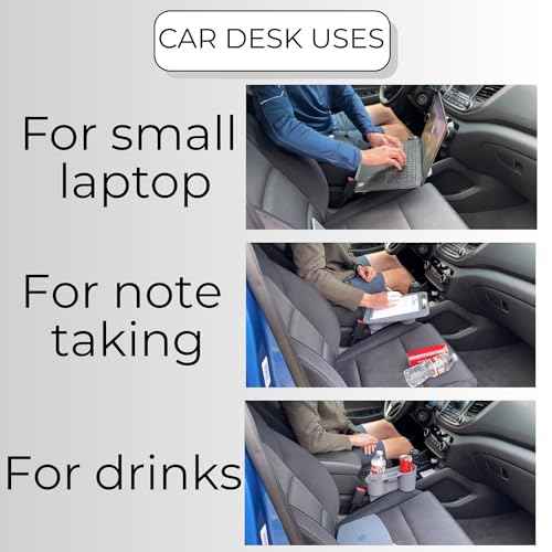 Portable Car Desk with Removable Clipboard - Fits Passenger Seat - for Laptop - Travel Desk with Drink Holder, Mobile Vehicle Desk for Professionals & Commuters, Adjustable 11.5" D x 8.5" W x 11" H