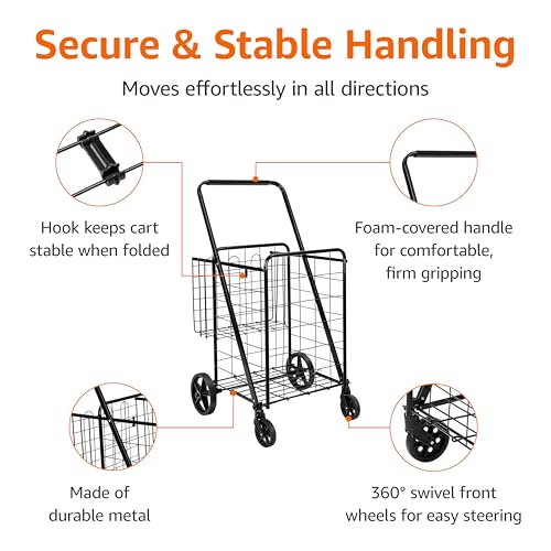 Large Foldable Utility Shopping Cart with 360° Swivel Wheels - Heavy Duty Metal, Extra Large Black