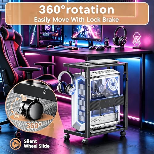 Adjustable Computer Tower Stand 23-28 in Height • Rolling Desk CPU Holder with 4 Hooks