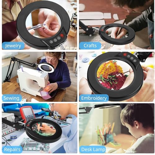 Coyeth 10X Magnifying Glass with Light & Clamp - Black Desk Lamp for Crafts & Reading