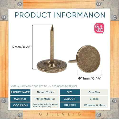 Gullveig Bronze Push Pins and Thumb Tacks: Heavy Duty Flat Upholstery, Long Carpet Tacks, and Decorative Nails for Wood and Fabric, 50 Count