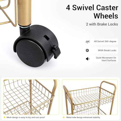 3 Tier Rolling Utility Cart, Storage Trolley Service Cart with Wheels Easy Assembly for Kitchen, Living Room, Office, Salon, Gold