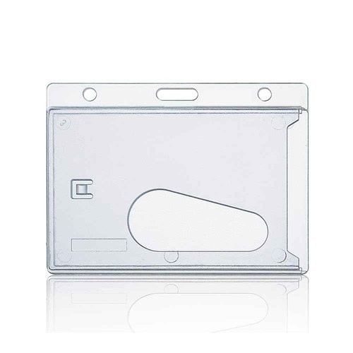 Bulk 50 Pack Hard Plastic Badge Holder-Horizontal Heavy Duty ID Card Holder for Badges-Rigid Case Single ID Protector with Easy Access Thumb Slot for Clips,Lanyards & Reels-Frosted Clear by BETOOM