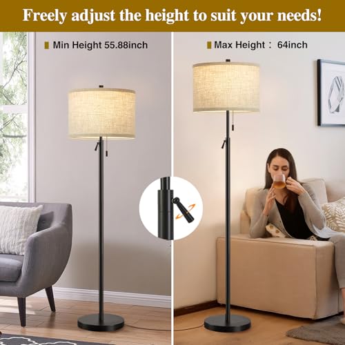 GyroVu Black Floor Lamp, Height Adjustable Standing Lamp Tall Lamp with Fabric Lampshade&Pull Chain Corner Floor Lamps for Living Room, Bedroom & Office Bulbs Not Included(Black Base)