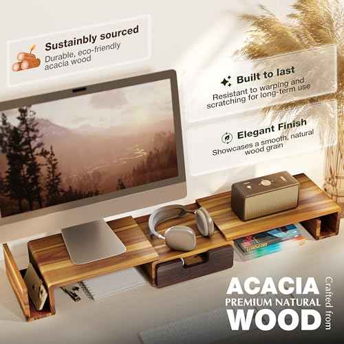 Wooden Dual Monitor Stand Riser with Drawer, 40.4'' Ergonomic Monitor Stand for Desk with Adjustable Length and Swivel Angle, Wooden Desktop Organizer for Laptop, PC, Computer,Printer (Acacia)