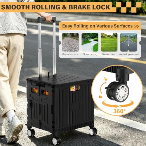 SUNALLY Folding Utility Cart with Lid - Black Rolling Handcart for Shopping & Travel