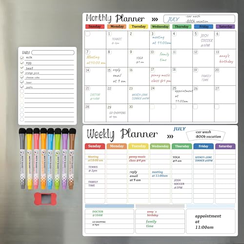 Hivillexun Magnetic Dry Erase Calendar Whiteboard Set (3-Pack) for Fridge, Wall, and Refrigerator Organization ? Monthly, Weekly, and Daily Planners with 8 Markers and Eraser