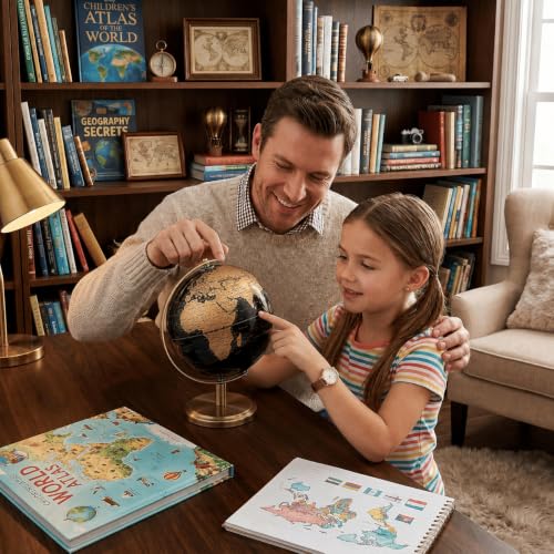 JOINPAYA Black Gold 6 Inch World Globe with Antique Bronze Stand Desktop Decor