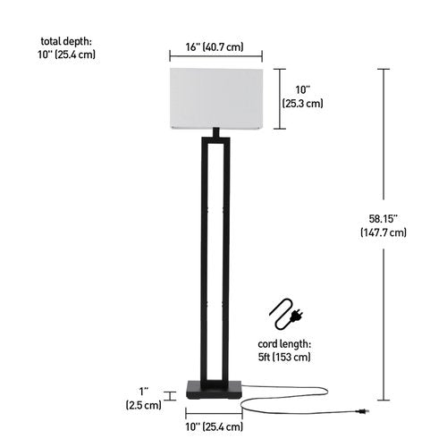 GLOBE Electric 67046 58" Floor Lamp, Matte Black Finish, White Linen Rectangular Shade, Modern Geometric Cutout Design, E26 Base