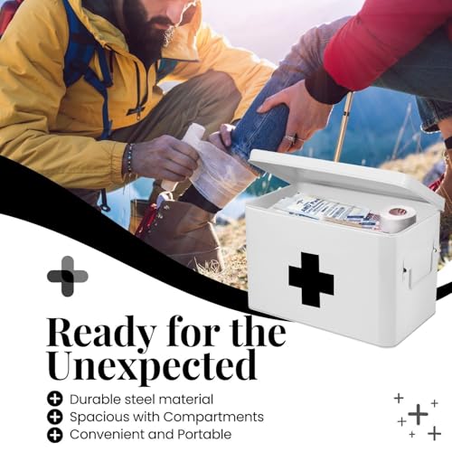 Flexzion First Aid Box Organizer Empty 13" White Vintage First Aid Kit Tin Metal Medical Box - First Aid Storage Box Container Bins with Dividers, Removable Tray and Black Cross Logo