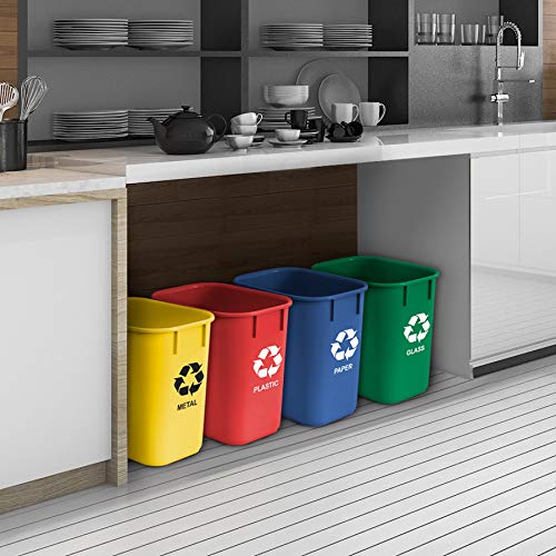 Acrimet Wastebasket Bin for Recycling, 3.25 Gallon/13 Quart/12 Liter (Made of Plastic) (Metal/Yellow, Paper/Blue, Glass/Green, Plastic/Red) (Set of 4)