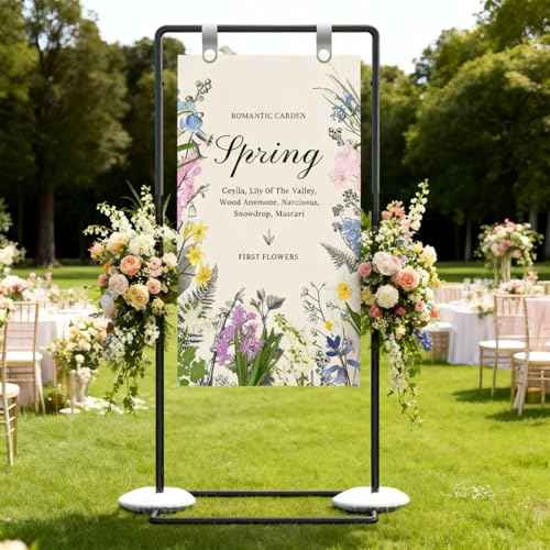 Wedding Welcome Sign Stand, Adjustable Welcome To Our Wedding Sign Stand, 70¡±x 31¡±x 20¡±Welcome Sign Holder with 4 Leather Sign Hanging Straps, Wedding Seating Chart Stand, Easel for Display, Black