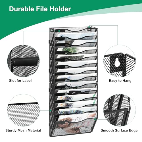 14-Pocket Wall File Organizer, Hanging Mail Organizer Wall Mounted Paper Document Holder, Metal Clipboard Storage Basket for Office Home School Organization, Black