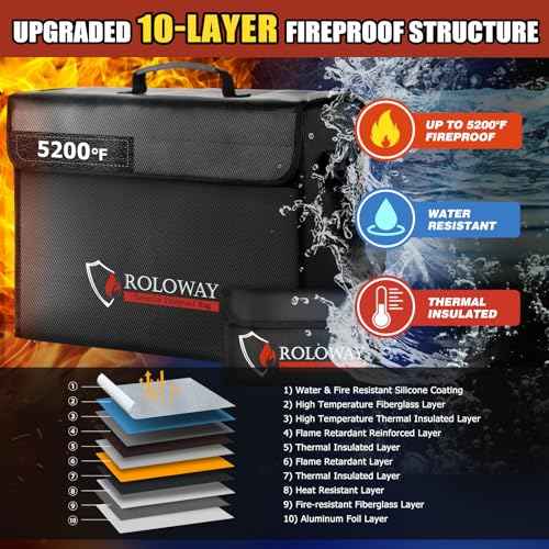 ROLOWAY Large Fireproof Bag 5200¢µ Heat Insulated (17 x 12 x 5.8 inches), Fireproof Document Bag for Cash Safe and Document Safe