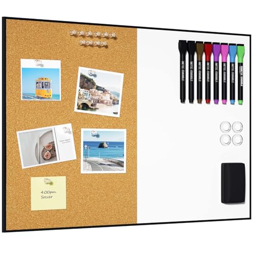 Black Cork & Whiteboard Combo - 18x24 Inches Wall Vision Board with Markers