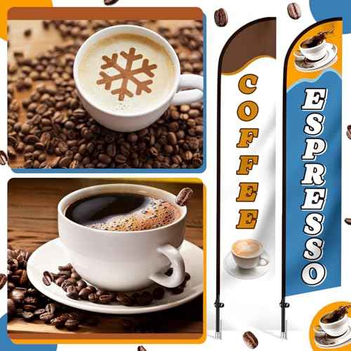 2 Pack Coffee Espresso Feather Flags Cafe Feather Swooper Flag Banner 2.5 x 12 ft Tall Heavy Duty Coffee Espresso Shop Advertising Marketing Sign Weatherproof for Outdoor Business Flag Only