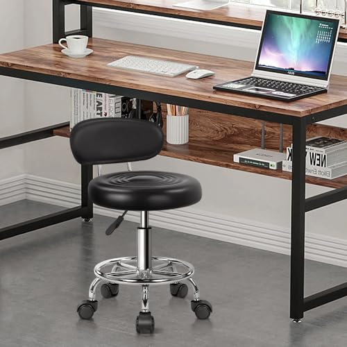 KKTONER PU Leather Modern Rolling Stool with Low Back, Height Adjustable, 360° Swivel, Footrest – Black