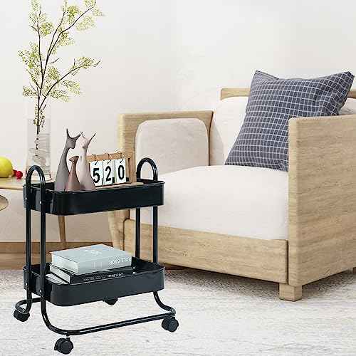 Melody House 2 Tier Metal Mesh Utility Rolling Cart Storage Organizer with Lockable Wheels for Office Kitchen Living Room Laundry Bathroom Black