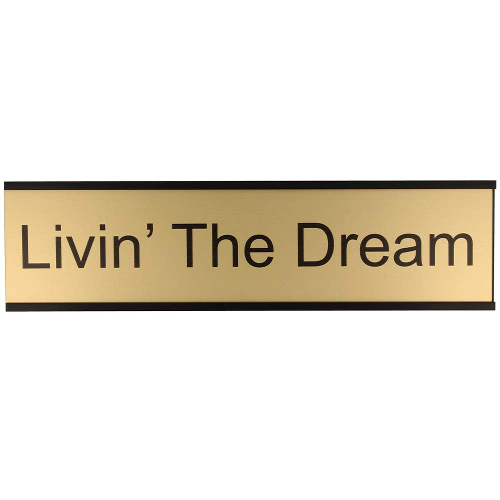 ExcelMark Livin' The Dream Desk Plate – 2"x 8"Novelty Name Plate – Gold Name Plate with Black Desk Holder