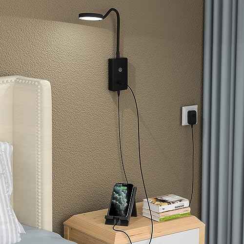 Touch Dimmable LED Wall Mounted Bedside Reading Light, Black Flexible LED Wall Reading Lamp for Nightstand in Bedroom, 120¡Æ Wide Angle Neutral White Lighting, with 5V2A USB Output Port