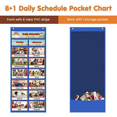 Auchq Daily Schedule Pocket Chart, Visual Schedule for Kids with 23 Activity Cards, 8+1 Pockets, 4 Blank Dry-Erase Cards Included, Great for Classroom Preschool-1 st Gr.(17¡¯¡¯ x 38.5¡¯¡¯ in)
