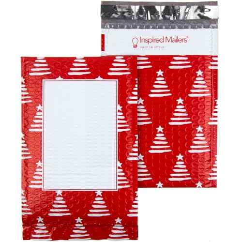 Bubble Mailers 6x9" - Red Christmas Trees with Writable Area - 25 Pack - Holiday Poly Padded Envelopes and Bubble Shipping Mailers