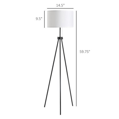 HOMCOM 59.75" Tripod Floor Lamp with Pull Chain Standing, Fabric Lampshade E26 Lamp Holder Steel for Living Room, Bedroom, Office, Black