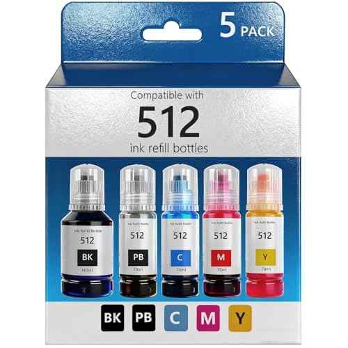 Remanufactured T512 Ink Refill Bottles Compatible with EPSON 512 Refill Ink Bottles for ET-7700 ET-7750 ET 7700 ET 7750 ET7700 ET7750 Printer (Black,Photo Black,Blue,Magenta,Yellow 5 Packs)