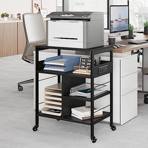 GarveeHome Printer Stand, Large Printer Stand with Wheels, 4 Tier Office Rolling Cart with Charging Station, Mobile Printers Table Paper File Organizer, Tall Printers Table for Home Office,Retro Black