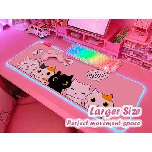 JMIYAV Pink Kawaii Cat RGB Gaming Mouse Pad 31.5x12 Inch PC XL Large Extended Glowing Led Light Up Cool Mouse pad Desk Pad Non-Slip Rubber Jmiyav Computer Mouse Pad Cute Mousepad Mat 31.5x12 Inch
