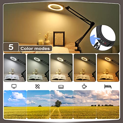 VEEMAGNI 5 Inch Large Magnifying Glass with Light and Stand, 5 Color Modes Stepless Dimmable, Long Swivel Arm LED Clamp Desk Lamp, Hands Free 10X Lighted Magnifier for Close Work Craft Hobby Soldering