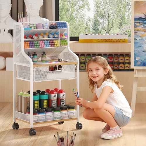 Small Rolling Craft Cart with Drawer, White Utility Art Cart, Metal Storage Cart with Lockable Wheels, 6 Tiers Paint Organizer for Art Supplies, Store for Brushes Paints Artifacts Small Parts