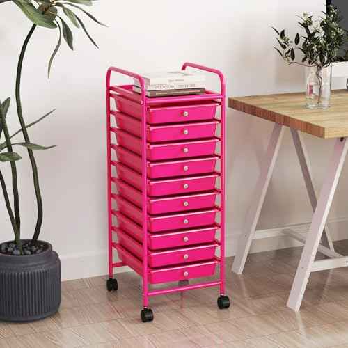 ARLIME 10-Drawer Storage Cart, 10 Drawer Trolley, Rolling Organizer Cart, Scrapbook Paper Organizer, Suitable for Office and School, Rolling Office Storage Tools (Hot Pink)