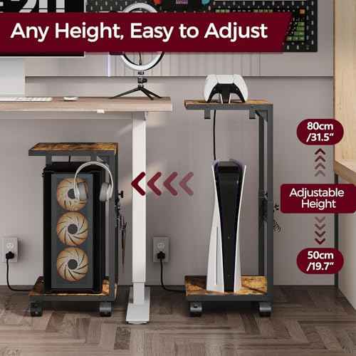 PC Stand with Charging Station, Height Adjustable Computer Tower Stand, 19.7"-31.5" H, Computer Cart with Wheels and Hooks, CPU Holder for Floor, Carpet and Under Desk, Rustic Brown