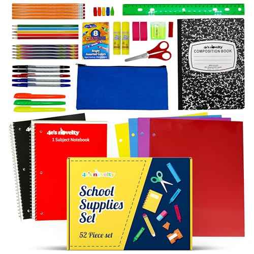 4E's Novelty 52 Pieces Schools Supplies Kit for K1-8 Back to School Supply Box with Essential Student Kits, School Supply Bundle Middle Elementary Schools Supplies Kit Grades 1 2 3 4 5 6 7 8