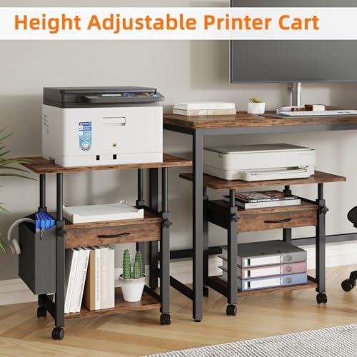 YAOHUOO Large Printer Stand with Storage Drawer and Side Bag, 3-Tier Height Adjustable Table for Home Office, Fits Heat Press/Laser/3D Printer (Rustic Brown)