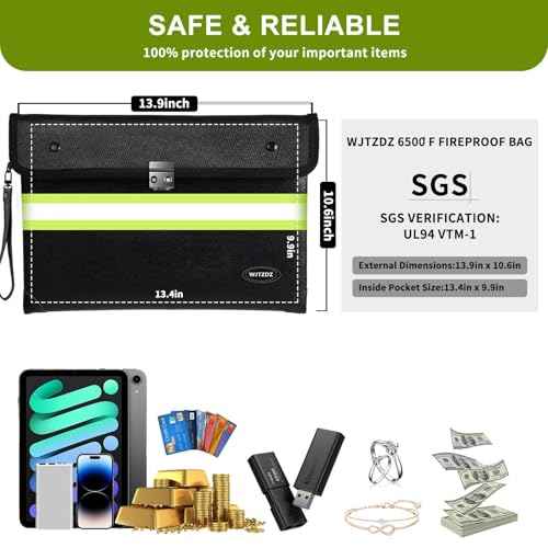 6500¡ÆF Fireproof Document Bag with Lock,2025 Upgraded Fireproof/Waterproof Money Bag with Zipper/Reflective Strip,Storage Pouch for A4 Letter Size Document,Cash,Cell Phone,Passport