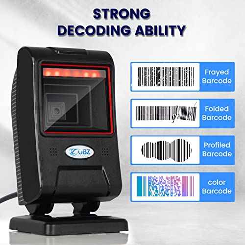 OBZ 1D 2D Desktop Barcode Scanner, QR Code Scanner for PC USB Handsfree Barcode Scanner with Adjustable Scan Head, Automatic Barcode Reader for Android Windows Computer POS Stores Payment