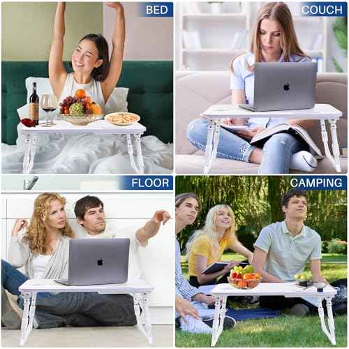 Laptop Desk for Bed, Height Adjustable Laptop Bed Table, Foldable Portable Lap Desk Stand with USB/Storage Drawer/Cup Holder/Slot, Breakfast Tray for Working Reading Writing Eating, White