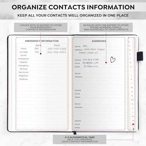 Address Book with Alphabetical Tabs, Hardcover Large Print Telephone and Address Book for Keeping Contacts Safe with Space for Important Website Passwords and Back Pocket 5'' x 7.6'' (Black)