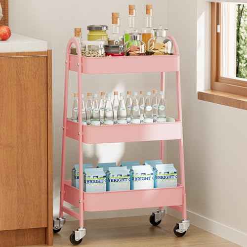 OLIXIS 3 Tier Utility Rolling Cart with Lockable Caster Wheels, Metal Mobile Storage Shelf, Organization for Livingroom, Bathroom, Kitchen, & Narrow Places, Clear Pink